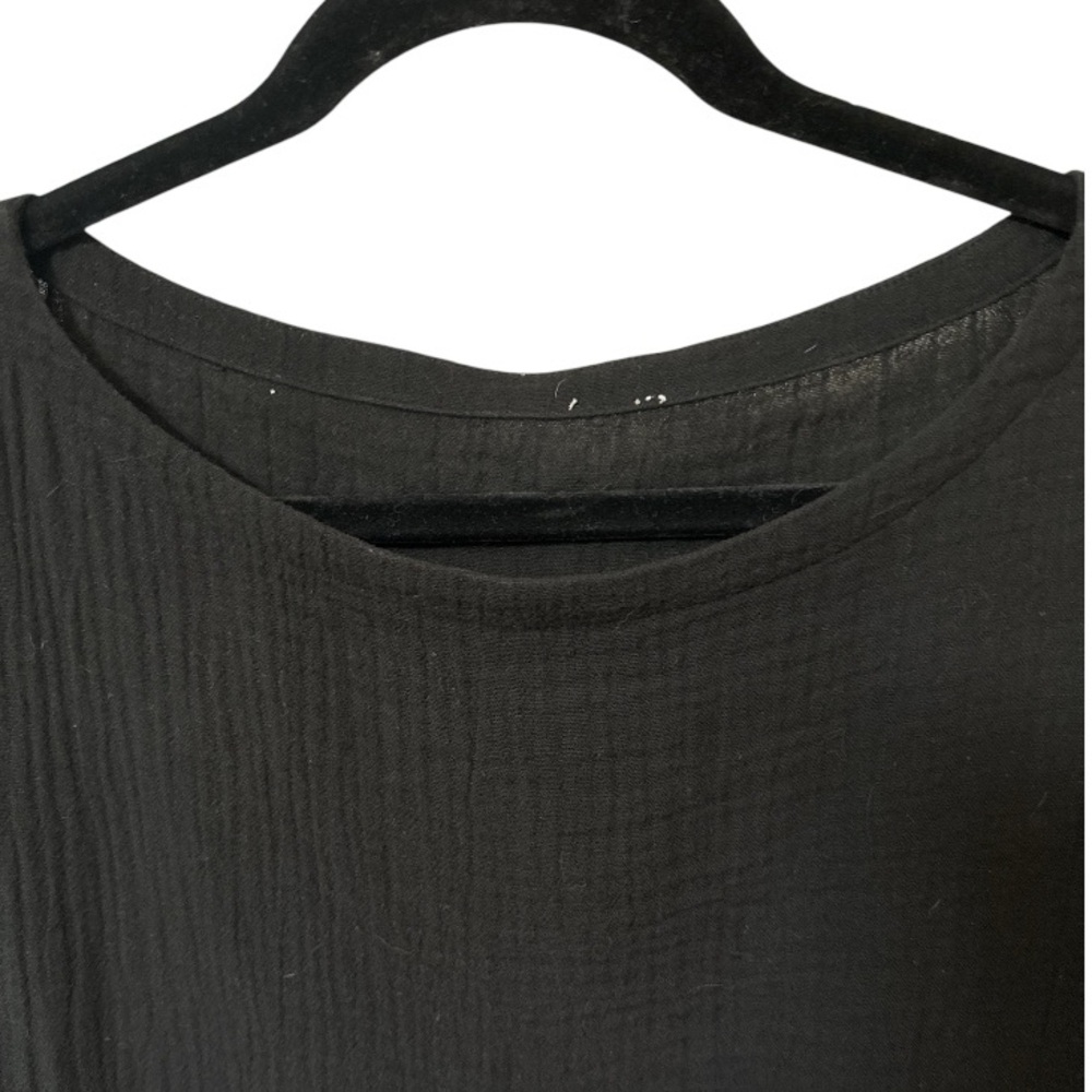 Eileen Fisher Organic Cotton Gauzy Fray Hem Short Sleeve Black Midi Dress Large - Picture 4 of 6